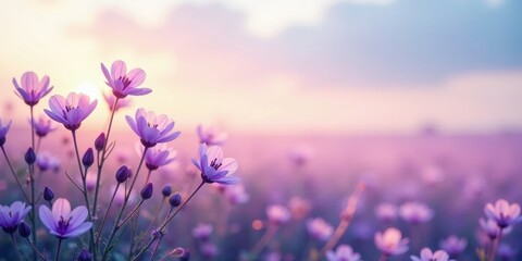 Naklejka premium Serene Sunset Meadow with Delicate Purple Blossoms Basking in the Golden Hour Light