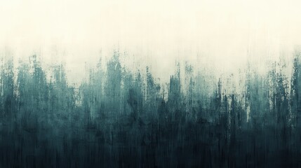Abstract forest landscape in muted blue and green tones, depicted with a pixelated, textured effect against a faded beige background. The image