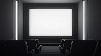 A clean movie screening room with white walls, dark seating, and a subtle glowing strip behind the screen. digital