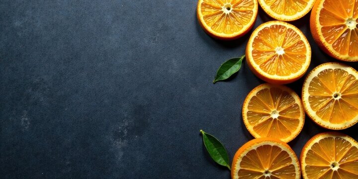 Vibrant citrus fruit slices arranged artfully on a dark background, showcasing juicy segments and fresh green leaves, creating a visually appealing and appetizing composition.