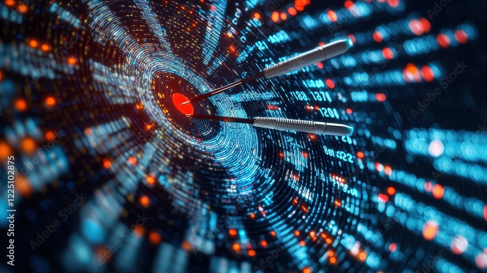 Poster close-up of a dart hitting the center of a bullseye surrounded by data points