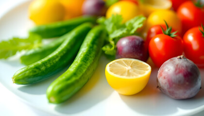 A close-up of a diverse selection of colorful fruits and vegetables, emphasizing freshness, variety, and natural vibrancy in a bountiful arrangement