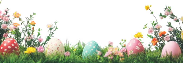 PNG Easter eggs on green grass border colorful flowers easter.