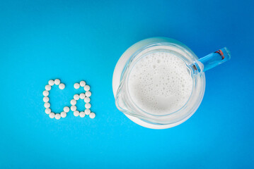 White pills forming shape to Ca alphabet and jug of milk on blue background.