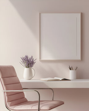 A minimalist workspace with a blush pink chair, a blank frame, and a vase of lavender.