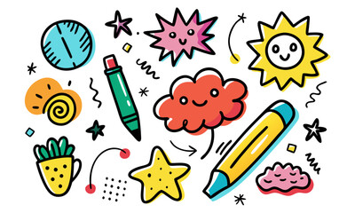  Playful Colorful Doodle Elements Featuring Happy Props and Starry Designs