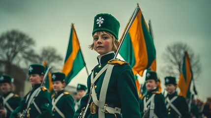 A marching band in a Saint Patrick’s Day parade dressed in green uniforms and carrying Irish flags 