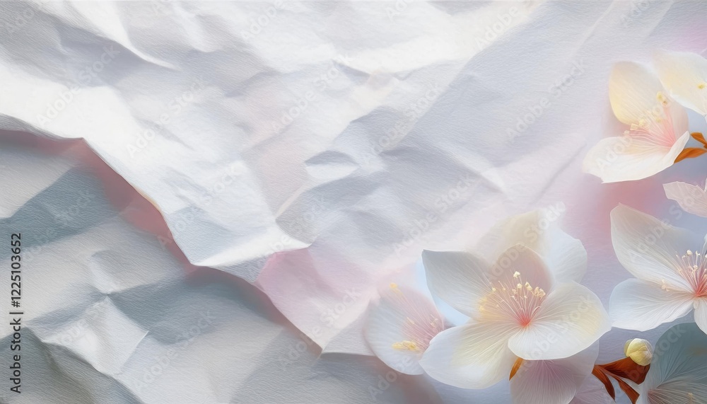 Poster delicate white flowers arranged on crumpled paper create a harmonious and serene composition in a so