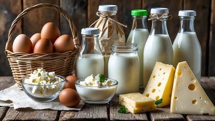Milk, cheese, cottage cheese, eggs, yogurt on a wooden background. Dairy product concept. Ai Generative.
