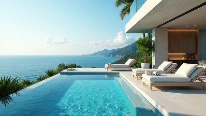 Fototapeta premium Oceanfront Villa Infinity Pool and Lounge Chairs A Serene Coastal Escape