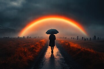 Fototapeta premium A figure standing in a stormy graveyard, holding an umbrella as a faint rainbow emerges in the distance, their posture radiating hope and optimism in the dark setting