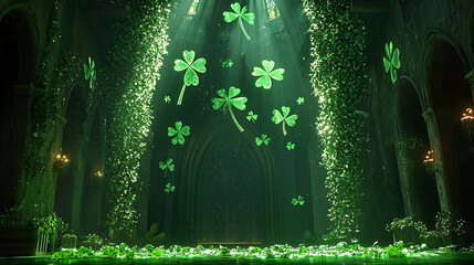 A storytelling scene with a backdrop of folklore-inspired cloverleaf symbols and green lighting 