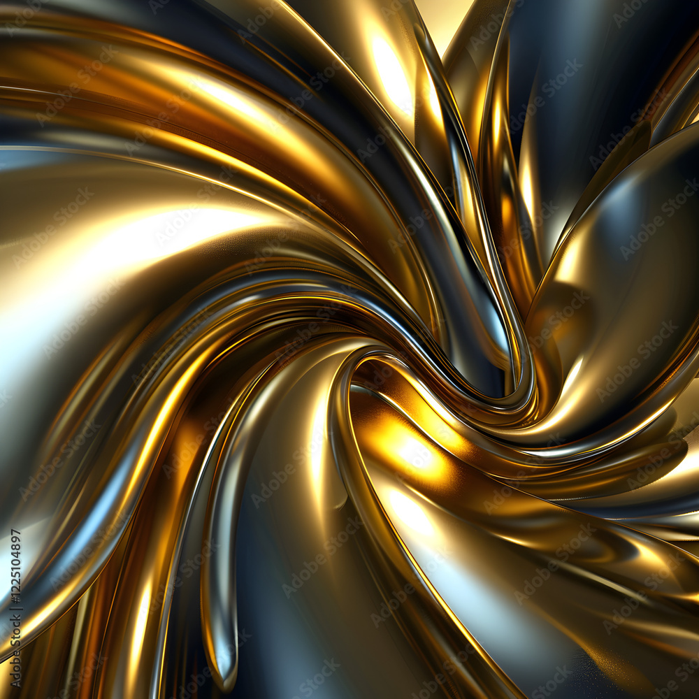 Poster a swirling abstract design with metallic gold and blue tones, creating a dynamic visual effect.