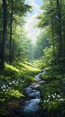 Fototapeta premium Hiking adventure on a serene woodland trail by a bubbling brook nature photography lush green forest peaceful environment immersive viewpoint