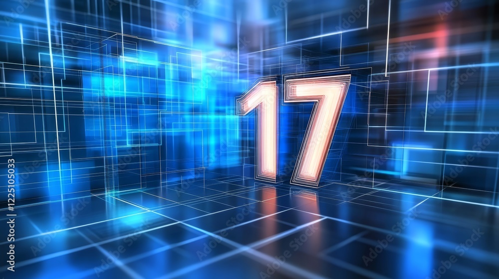 Poster glowing number 17 on futuristic technology background representing big data and innovation.