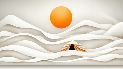 Abstract Landscape with Soft Waves and Warm Sun Featuring Minimalist Tent in Neutral Tones