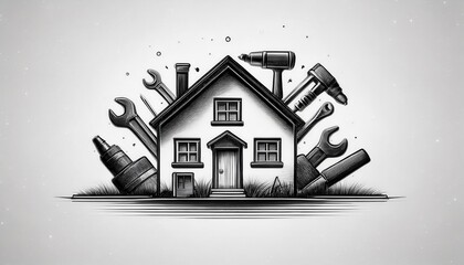 Simple logo design for a construction company featuring a house and tools in black and white for branding and marketing purposes
