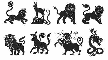 Naklejka premium Chinese Zodiac Animals Silhouettes: Elegant Chinese Horoscope Silhouettes for Designers