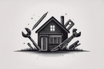 Simple logo design for construction company featuring house and work tools in monochrome style