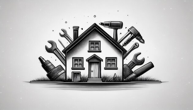 Simple logo design for a construction company featuring a house and tools in black and white for branding and marketing purposes