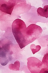Fototapeta premium Pink hearts on watercolor background romantic love pattern artistic painted texture