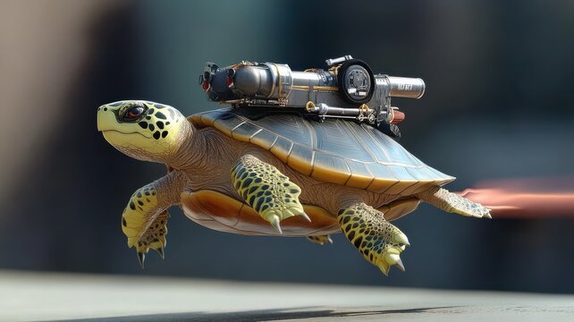 A turtle equipped with a futuristic jetpack, soaring through the air, combines humor and innovation in a playful display of creativity.