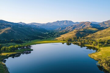 Obraz premium Tranquil aerial view of a lake surrounded by majestic mountains nature photography peaceful environment scenic landscape