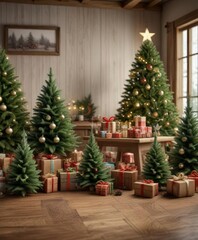 Festive wooden table decorated with large Christmas trees, presents, and decorative accents, Wooden furniture, Presents