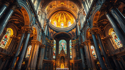 An Irish church interior with stained glass windows and religious symbols representing sainthood 