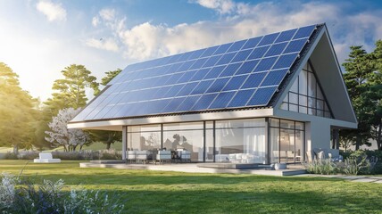 Fototapeta premium A contemporary house featuring solar panels on the roof, surrounded by lush greenery and natural sunlight, emphasizing sustainability and modern living.