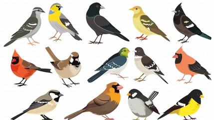 Fototapeta premium Colorful Cartoon Birds in Urban and Natural Settings