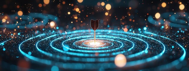 Obraz premium Concentric circles of light forming a dartboard with a dart in the center