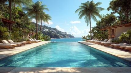 Fototapeta premium Oceanfront luxury pool with lounge chairs, lush tropical landscaping. Perfect for travel, resort, or vacation websites.