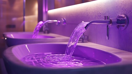 Detail of a bathroom jet with purple light fixtures depicting a drop of fluid pouring