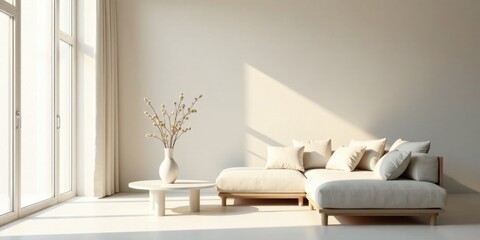 Serene Minimalist Living Room Interior Design Featuring a Sectional Sofa, a Simple Coffee Table, and a Dried Floral Arrangement in a Vase, Bathed in Soft Sunlight