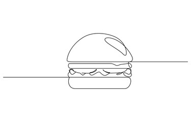 Continuous single line drawing of fresh delicious American burger restaurant logo emblem, Single line drawing of hamburger, Silhouette of fast food restaurant burger with cheese, cutlet and salad.