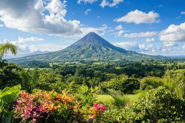 Obraz premium Breathtaking view of volcanic mountains overlooking lush tropical valleys filled with colorful exotic flora nature photography panoramic landscape scenic beauty