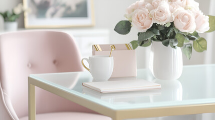 A serene workspace with a glass desk, pink chair, roses, and a notebook, embodying calm productivity.