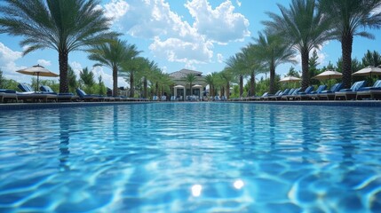 Fototapeta premium Resort pool with palm trees and lounge chairs. Perfect for travel, leisure, and relaxation imagery.
