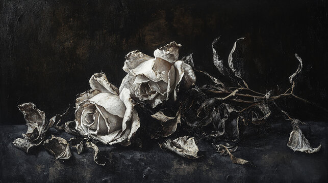 A withering rose with dried petals on a black background