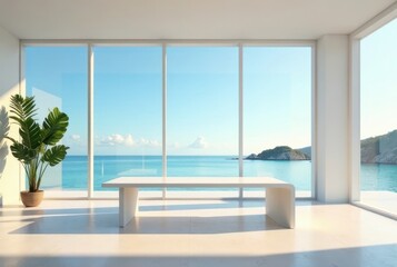 Serene Coastal Living Room with Panoramic Ocean View and Minimalist White Furniture