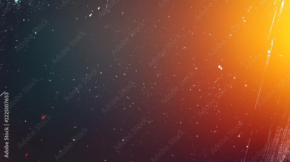 Aufkleber Retro-inspired abstract gradient background with dark blue transitioning into warm orange, featuring grainy film texture, subtle white speckles, and faint scratches for a vintage aesthetic.