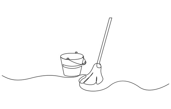 recommend clip art: Mop and bucket continuous line art drawing. Cleaning service concept, Cleaning tools one line colored continuous drawing. Floor mop, plunger, plastic basin, squeegee cleaning glass.