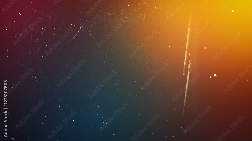 Aufkleber Retro-inspired abstract gradient background with dark blue transitioning into warm orange, featuring grainy film texture, subtle white speckles, and faint scratches for a vintage aesthetic.