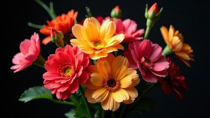 A vibrant bouquet of orange and red blossoms, artfully arranged against a dark background, showcasing the beauty of their delicate petals and contrasting colors.