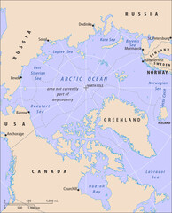 Obraz premium Vector political world map. North American continent with usa, canada, greenland. Russia, norway, finland, sweden, iceland. Arctic ocean terrain. North pole. Hudson bay, Beaufort sea, Labrador sea.