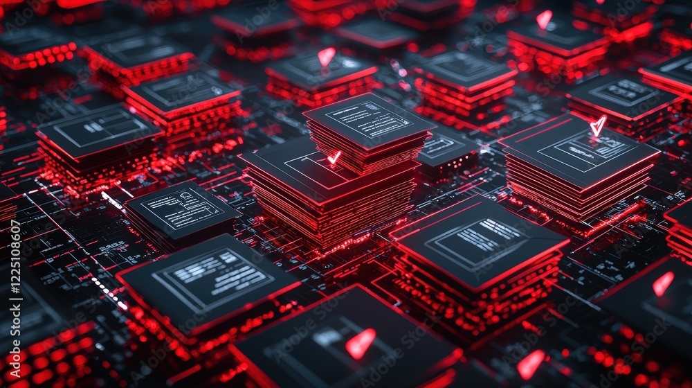 Poster digital documents surrounded by checkmarks in a futuristic interface