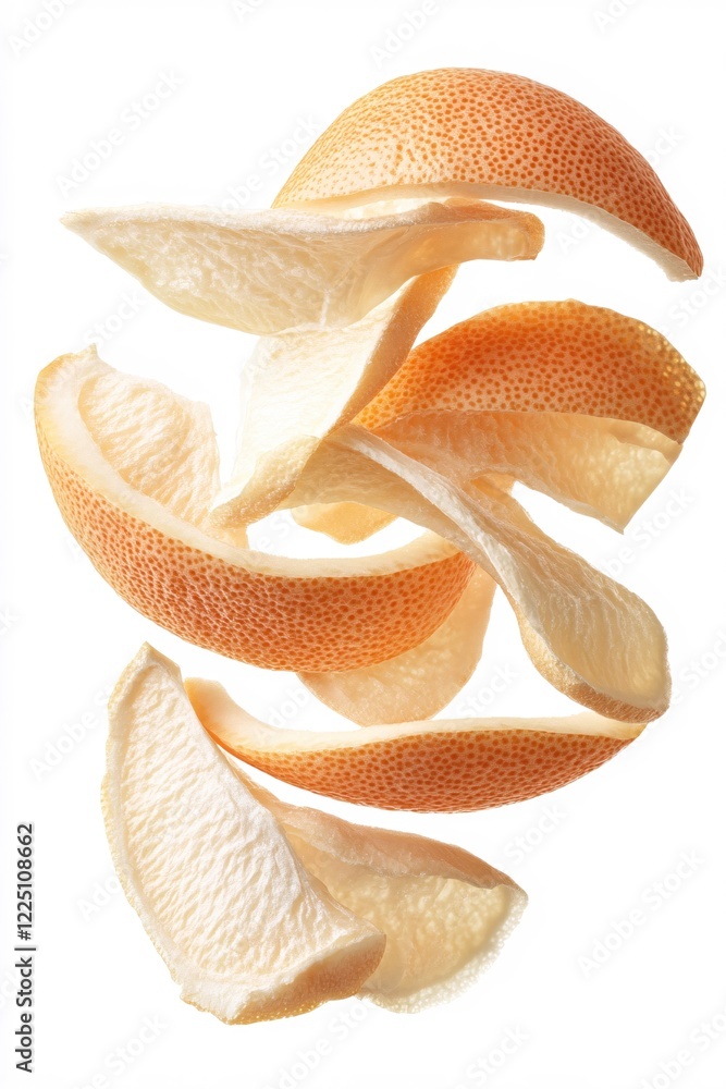 Poster flying orange peel segments on a white background creating a dynamic and abstract composition
