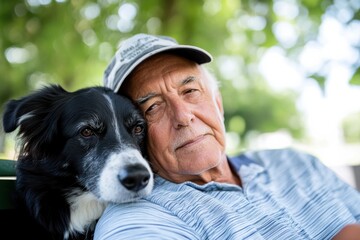 A heartwarming scene of an elderly man relaxing on a bench embraced by his loyal dog, creating a tranquil atmosphere filled with companionship and love.