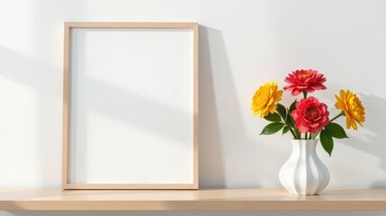 Empty light wood frame mockup on shelf with vibrant flowers in vase